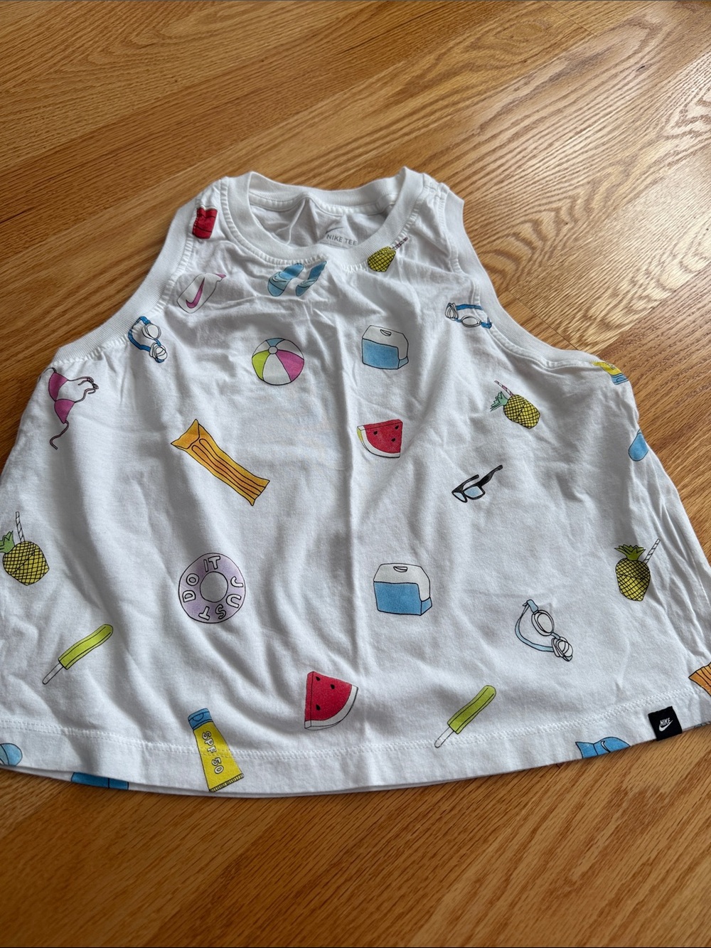 Nike Crop White Tank Top with Colorful Summer Icons